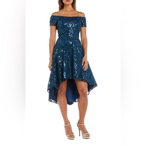Blue Off the Shoulder High/Low Cocktail Dress